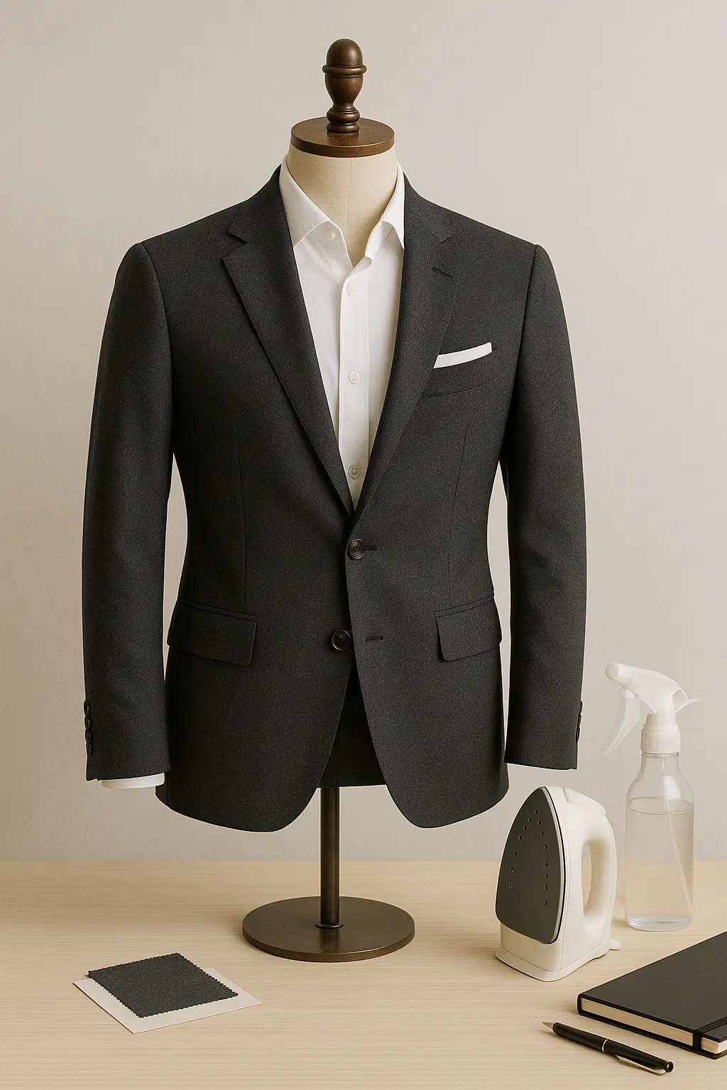 Understanding the fabric required for men’s suit stitching shown through a tailored suit jacket on a mannequin
